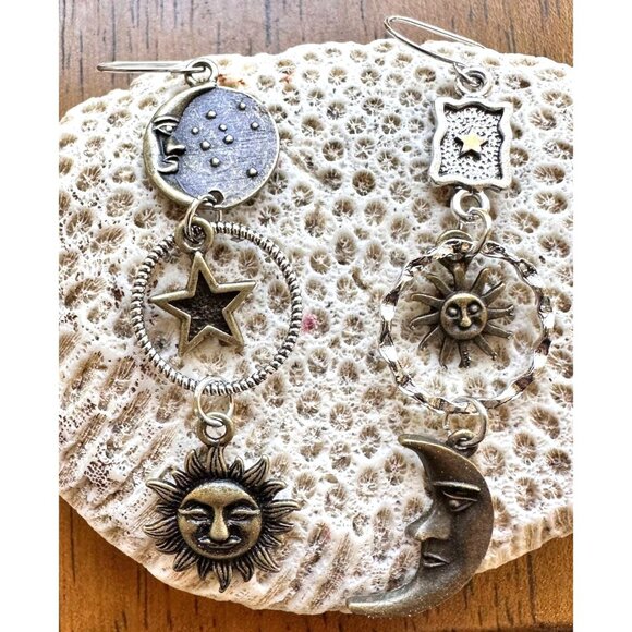 Celestial Star Moon Sun Earrings Dangle Hooks Astrology Eclectic Mismatched New - Picture 5 of 12